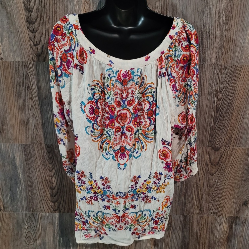 Bila Boho Floral Peasant Blouse XXL 2XL Ivory Multi Deep V-Neck 3/4 Balloon Slv - Picture 7 of 10